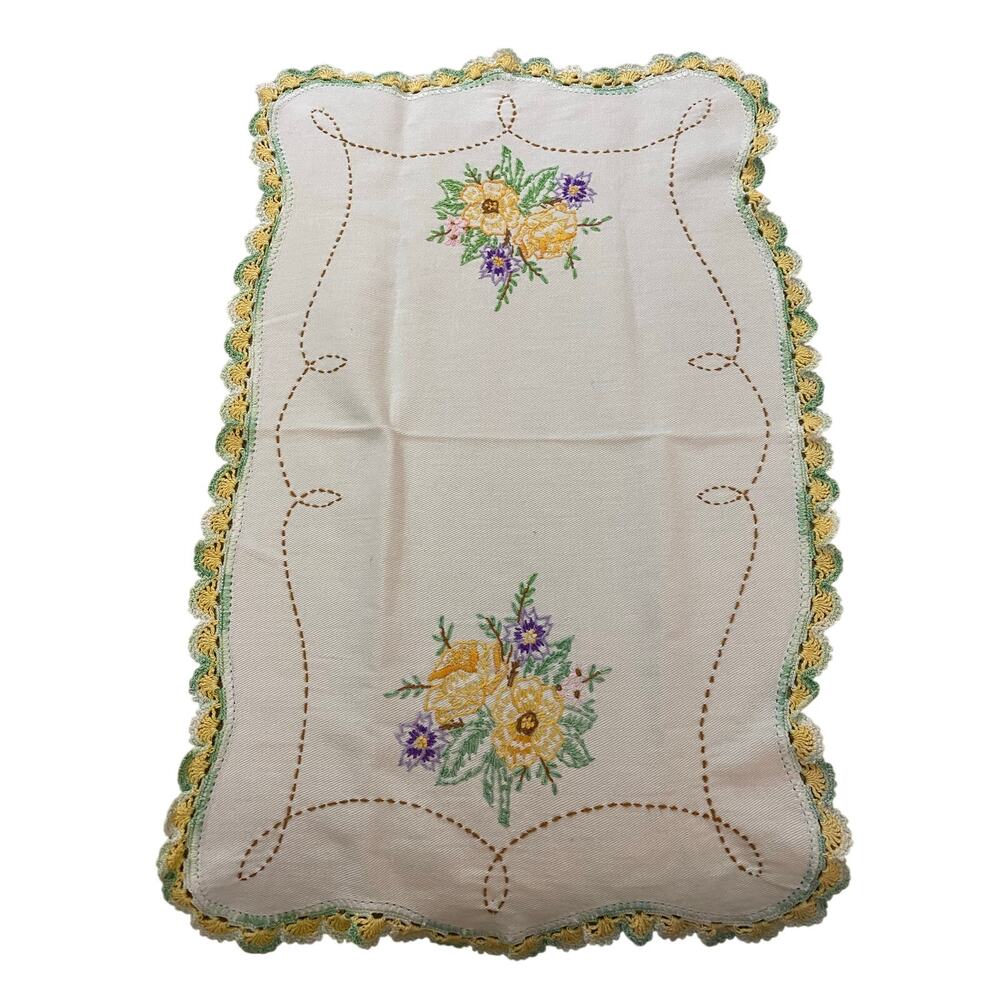 Vtg Hand-Embroidered Floral Dresser Scarf/Runner Crocheted Scalloped Edge